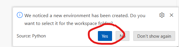 VS Code Use Environment Notification