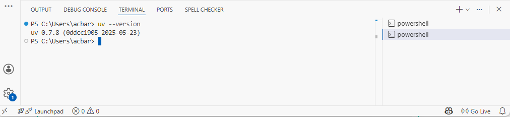 VS Code Terminal showing uv --version output on Windows