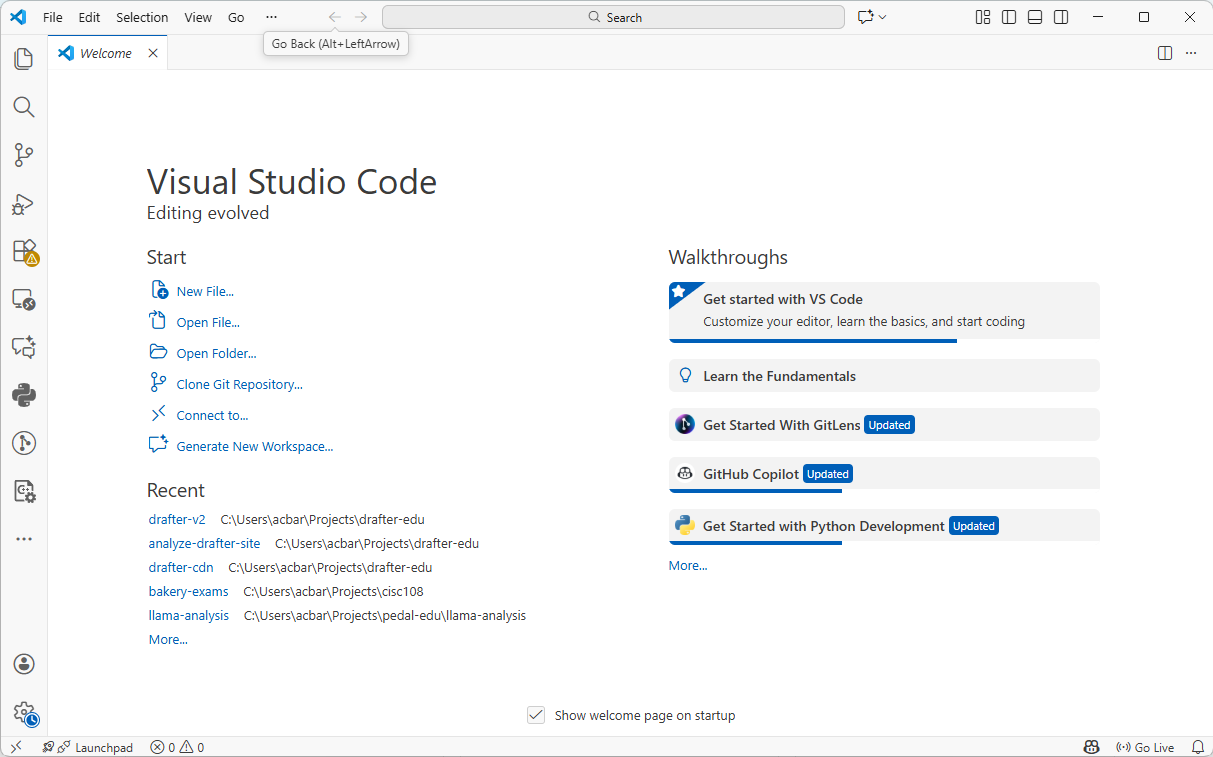 VS Code Welcome Screen