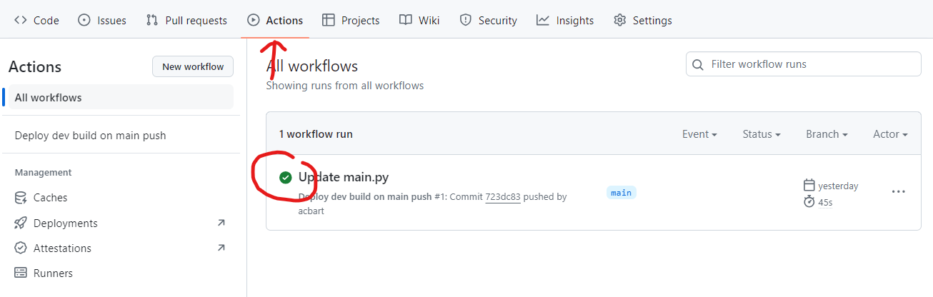 The Actions tab listing workflow runs, with the deploy workflow in the left sidebar