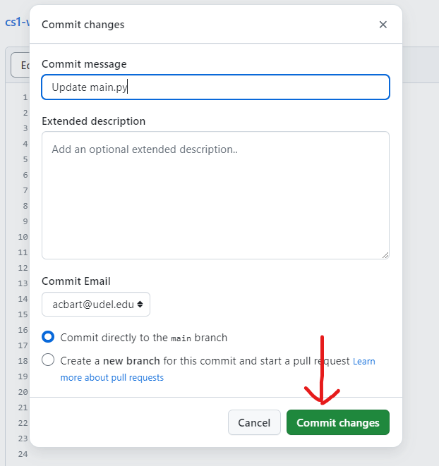The commit dialog with a text field for the commit message and a Commit changes button
