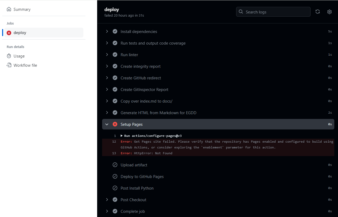 An expanded log in a failed run, with the error message lines at the bottom