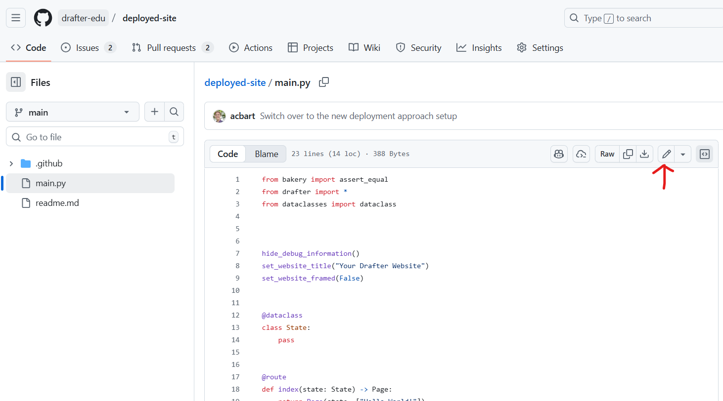 The main.py file view, with the pencil edit icon at the top right of the file