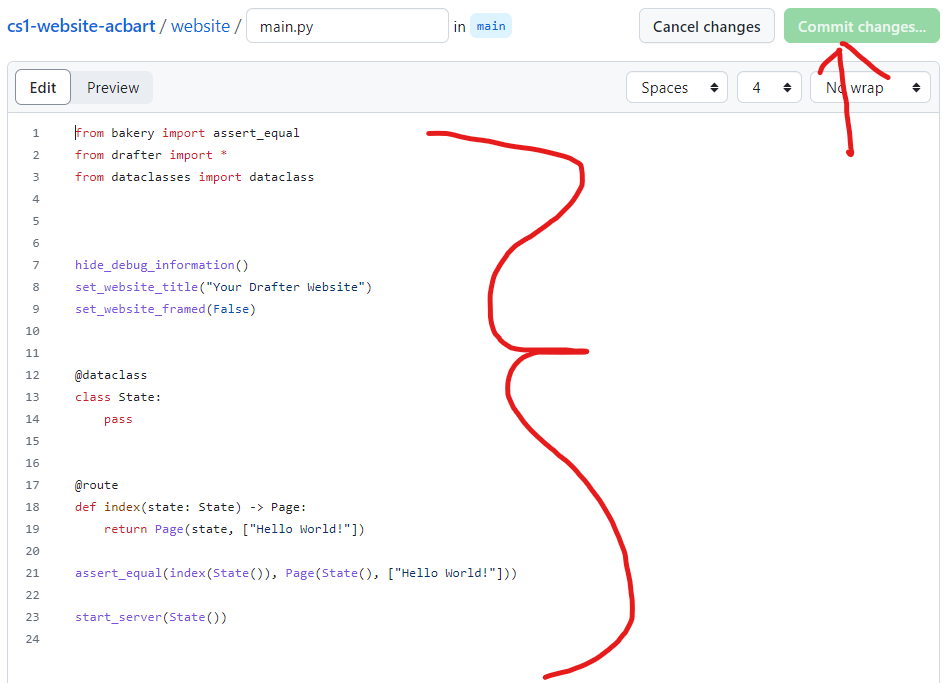 The GitHub editor with the green Commit changes button in the top right corner