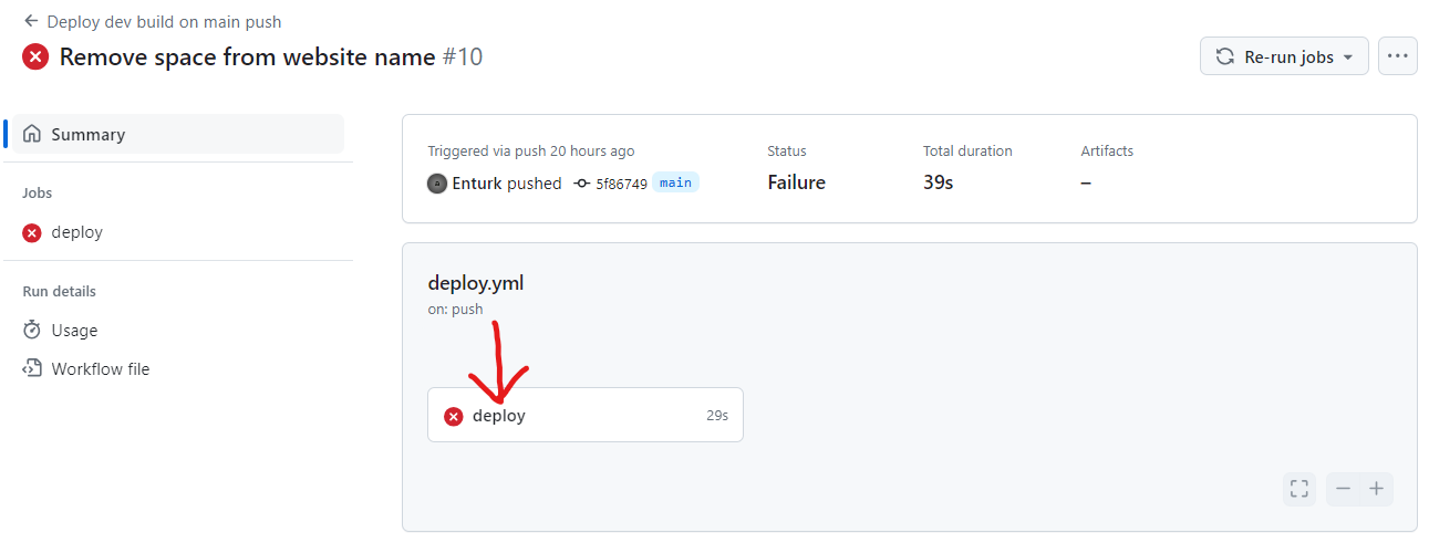 A failed workflow run in the Actions tab, marked with a red X