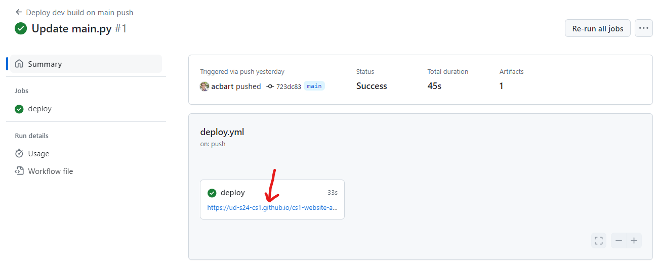 A successful workflow run showing a green checkmark and the deployed site URL