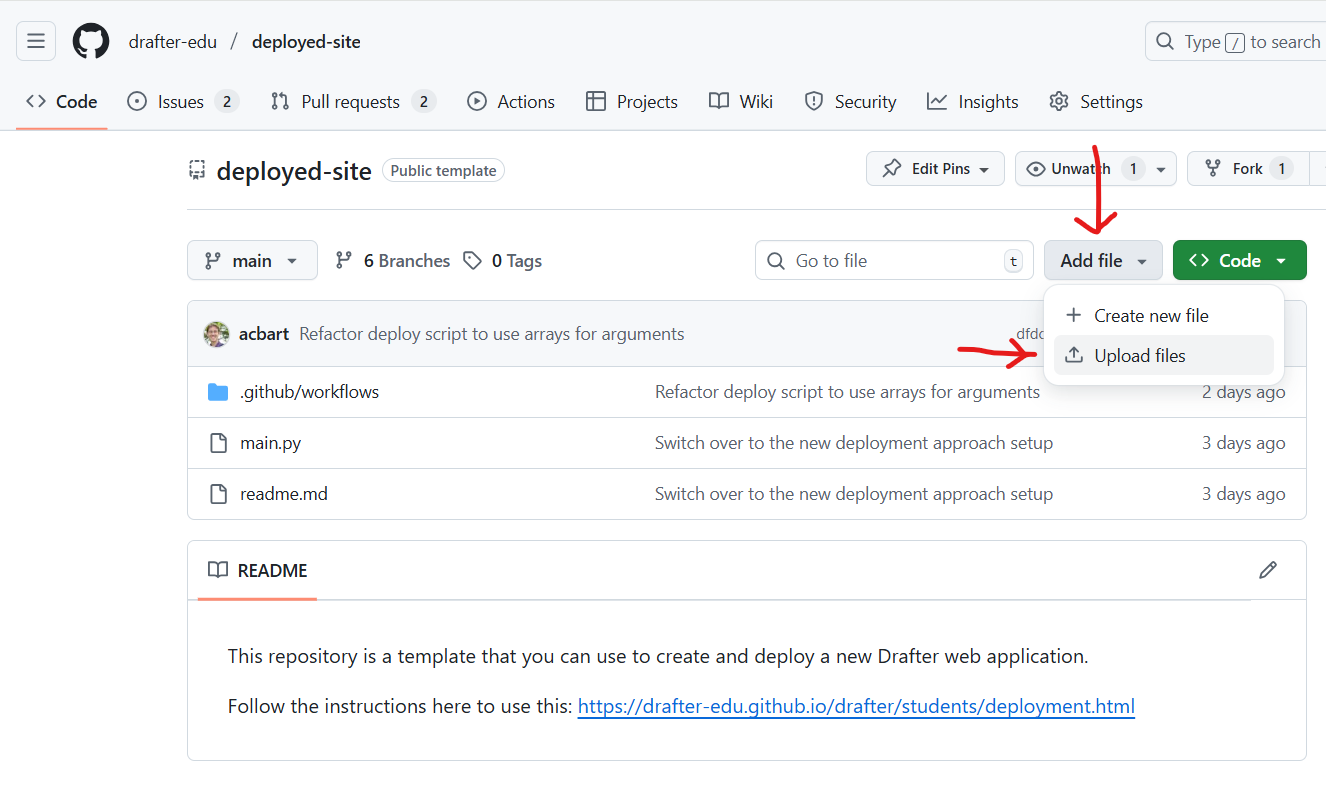 The GitHub upload page, with a drag-and-drop area for adding files to the repository